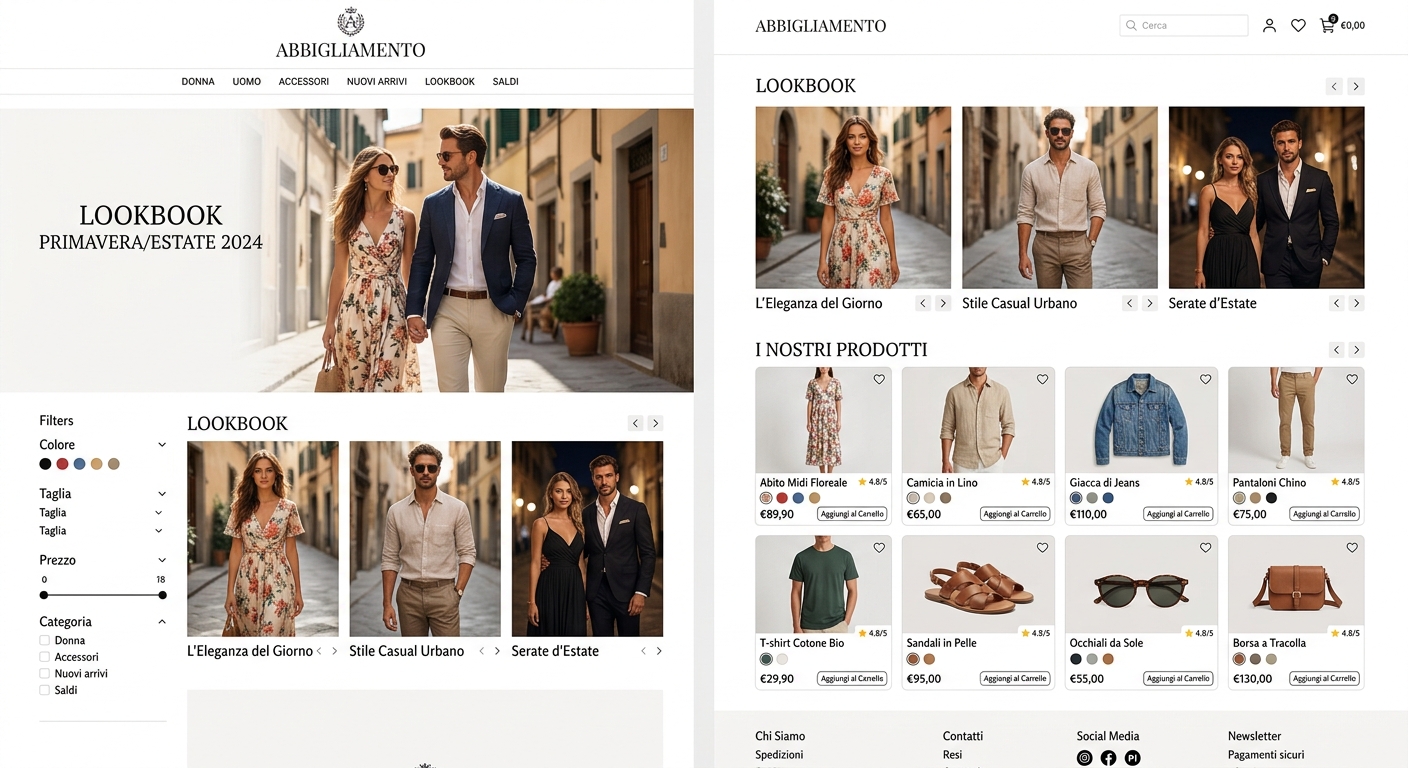 Sito web di un negozio di abbigliamento con lookbook e schede prodotto